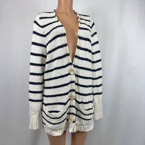 Free People Beach Stripe Button Front Knit Cardigan Women’s Size L Navy & Ivory